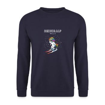 Riederalp Wallis Schweiz Retro Ski Einhorn - Unisex Pullover - Navy - Vorne - Alina (178cm) & Michal (187cm)