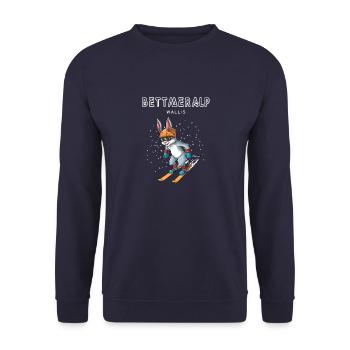 Bettmeralp Wallis Schweiz Retro Ski Hase - Unisex Pullover - Navy - Vorne - Alina (178cm) & Michal (187cm)