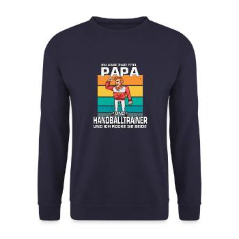 Cooles Vintage Handballtrainer Retro Papa Handball - Unisex Pullover - Navy - Vorne - Alina (178cm) & Michal (187cm)