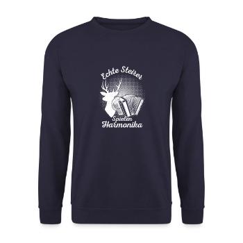 Echte Steirer Spielen Harmonika Reh - Unisex Pullover - Navy - Vorne - Alina (178cm) & Michal (187cm)