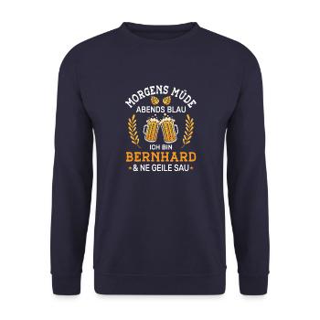 Morgens Müde Abends Blau Bernhard Vornamen Outfit - Unisex Pullover - Navy - Vorne - Alina (178cm) & Michal (187cm)