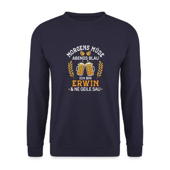 Morgens Müde Abends Blau Erwin Vornamen Outfit - Unisex Pullover - Navy - Vorne - Alina (178cm) & Michal (187cm)