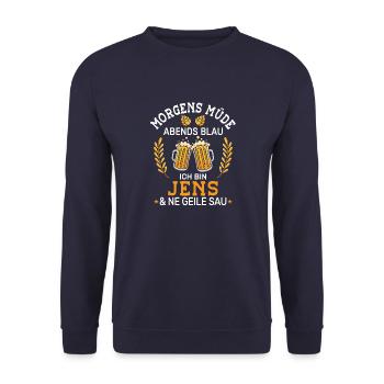 Morgens Müde Abends Blau Jens Vornamen Outfit - Unisex Pullover - Navy - Vorne - Alina (178cm) & Michal (187cm)
