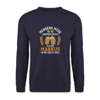 Morgens Müde Abends Blau Markus Vornamen Outfit - Unisex Pullover - Navy - Vorne - Alina (178cm) & Michal (187cm)