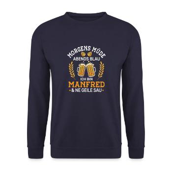 Morgens Müde Abends Blau Manfred Vornamen Outfit - Unisex Pullover - Navy - Vorne - Alina (178cm) & Michal (187cm)