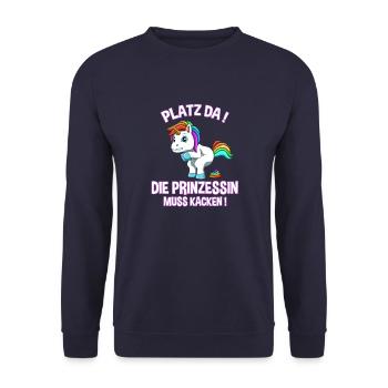 Ich muss kacken - Prinzessin Einhorn Kacken - Unisex Pullover - Navy - Vorne - Alina (178cm) & Michal (187cm)