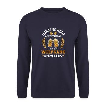 Morgens Müde Abends Blau Wolfgang Vornamen Outfit - Unisex Pullover - Navy - Vorne - Alina (178cm) & Michal (187cm)