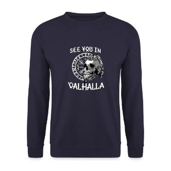 Wikinger Motiv Vahalla nordisches Krieger Fitness - Unisex Pullover - Navy - Vorne - Alina (178cm) & Michal (187cm)