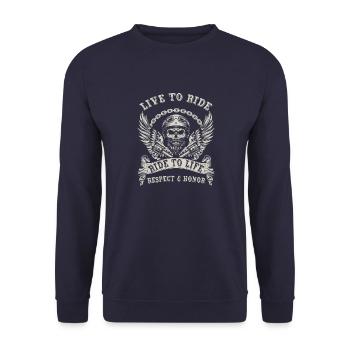 Live To Ride Ride To Life Cooles Biker Motiv - Unisex Pullover - Navy - Vorne - Alina (178cm) & Michal (187cm)