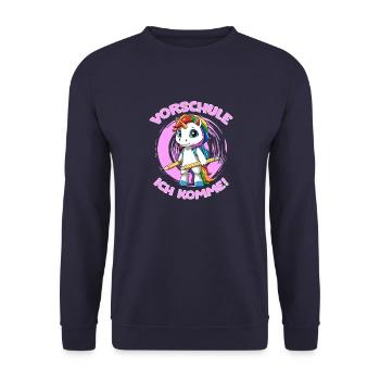 Einhorn Shirt Mädchen - Vorschule Ich Komme - Unisex Pullover - Navy - Vorne - Alina (178cm) & Michal (187cm)