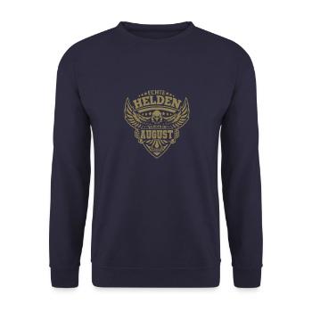 Echte Helden wurden im August geboren - Unisex Pullover - Navy - Vorne - Alina (178cm) & Michal (187cm)