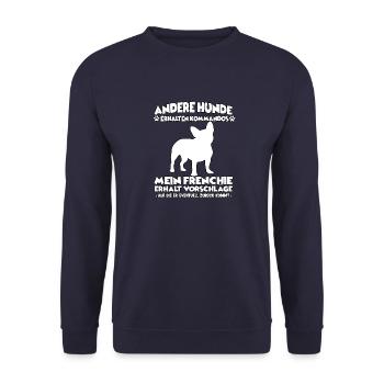 Witziges Frenchie Hundetraining Hundebesitzer - Unisex Pullover - Navy - Vorne - Alina (178cm) & Michal (187cm)