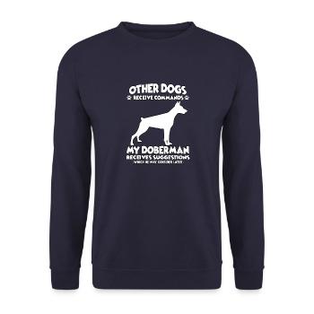 Funny dog training motive Doberman dog ownership - Unisex Sweatshirt - navy - Front - Alina (178cm) & Michal (187cm)