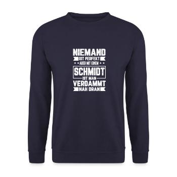 Schmidt Niemand ist Perfekt Geschenk - Unisex Pullover - Navy - Vorne - Alina (178cm) & Michal (187cm)