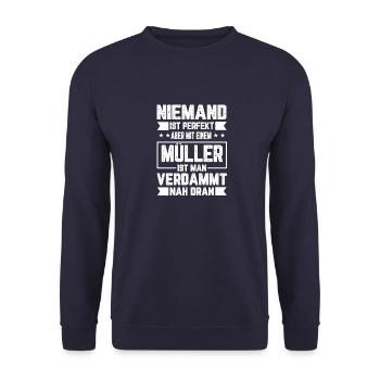 Müller Niemand ist Perfekt Geschenk - Unisex Pullover - Navy - Vorne - Alina (178cm) & Michal (187cm)
