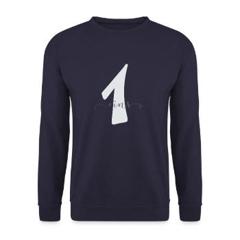 Eins Zahl mit Lettering 1. Geburtstag - Unisex Pullover - Navy - Vorne - Alina (178cm) & Michal (187cm)