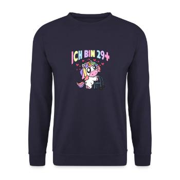 Damen Ich bin 29+ Einhorn mit Rollator Geschenk - Unisex Pullover - Navy - Vorne - Alina (178cm) & Michal (187cm)