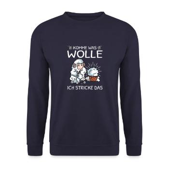 Komme was Wolle ich stricke das Stricker Geschenk - Unisex Pullover - Navy - Vorne - Alina (178cm) & Michal (187cm)