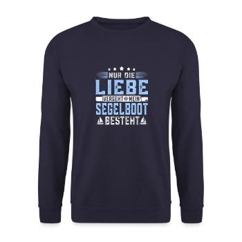 Liebe vergeht mein Segelboot besteht Meerliebhaber - Unisex Pullover - Navy - Vorne - Alina (178cm) & Michal (187cm)