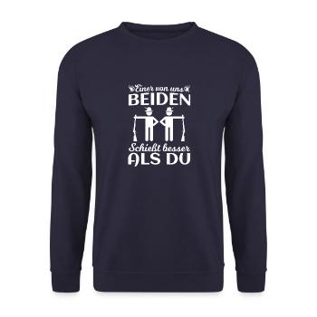 Einer von uns beiden Sportschütze Königskompanie - Unisex Pullover - Navy - Vorne - Alina (178cm) & Michal (187cm)