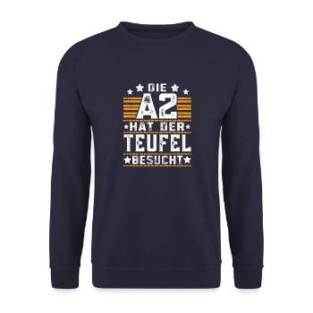 A2 hat der Teufel besucht LKW Fahrer Fernfahrer - Unisex Pullover - Navy - Vorne - Alina (178cm) & Michal (187cm)
