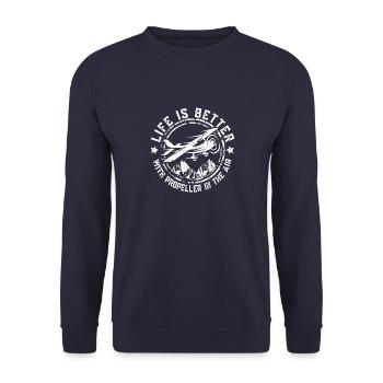 Life is better with Motorflugzeug Pilot - Unisex Pullover - Navy - Vorne - Alina (178cm) & Michal (187cm)