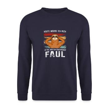 Drei Worte Faul Faultier Gammeltag Morgenmuffel - Unisex Pullover - Navy - Vorne - Alina (178cm) & Michal (187cm)