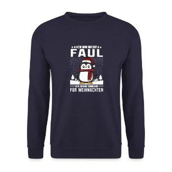 Ich bin nicht Faul Energie Pinguin Weihnachtsmarkt - Unisex Pullover - Navy - Vorne - Alina (178cm) & Michal (187cm)