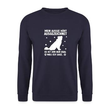 Freches Australian Shepherd Gassi Outfit Aussie - Unisex Pullover - Navy - Vorne - Alina (178cm) & Michal (187cm)