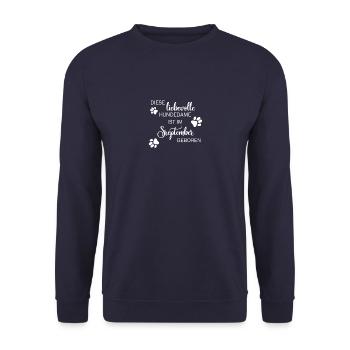 Liebevolle Hundedame September Geburtsmonat - Unisex Pullover - Navy - Vorne - Alina (178cm) & Michal (187cm)
