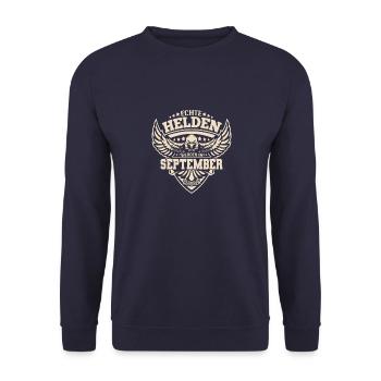Echte Helden werden im September geboren - Unisex Pullover - Navy - Vorne - Alina (178cm) & Michal (187cm)