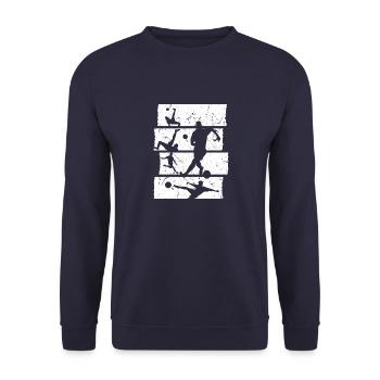 Fußball T-Shirt Retro Vintage Fußballspieler - Unisex Pullover - Navy - Vorne - Alina (178cm) & Michal (187cm)