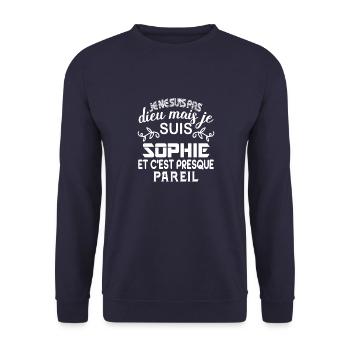 Cadeau femme Je suis pas dieu mais Sophie - Sweat-shirt Unisexe - marine - Devant - Alina (178cm) & Michal (187cm)