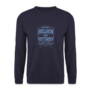 Wahre Helden werden im September geboren - Unisex Pullover - Navy - Vorne - Alina (178cm) & Michal (187cm)