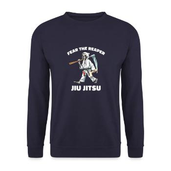 Lustiger Jiu Jitsu Sensenmann - Lustige Fußsperren - Unisex Pullover - Navy - Vorne - Alina (178cm) & Michal (187cm)