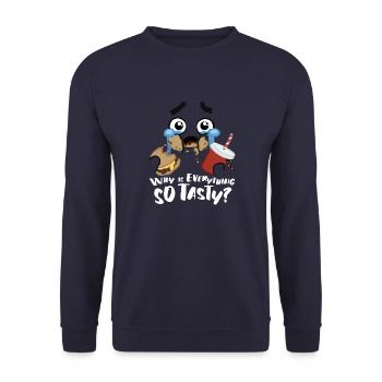 Face & Slogan Design why is everything so tasty - Unisex Sweatshirt - navy - Front - Alina (178cm) & Michal (187cm)
