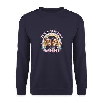 Schmetterling Blume Motivationsspruch Spruch Frau - Unisex Pullover - Navy - Vorne - Alina (178cm) & Michal (187cm)