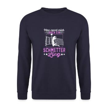 Volleyball Mann nennt mich auch ein Schmetterling - Unisex Pullover - Navy - Vorne - Alina (178cm) & Michal (187cm)