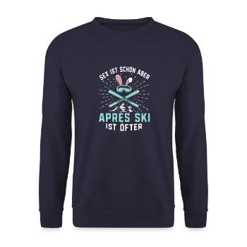 Skifahren Skifahren Après Ski ist öfter Skifahrer - Unisex Pullover - Navy - Vorne - Alina (178cm) & Michal (187cm)
