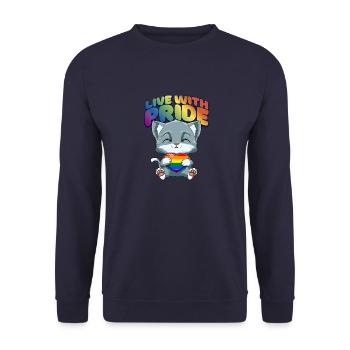 Leben mit Stolz LGBTQ Herz - Katze Umarmung LGBTQ - Unisex Pullover - Navy - Vorne - Alina (178cm) & Michal (187cm)