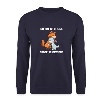 Große Schwester Shirt - Geschwister Fuchs und Hase - Unisex Pullover - Navy - Vorne - Alina (178cm) & Michal (187cm)