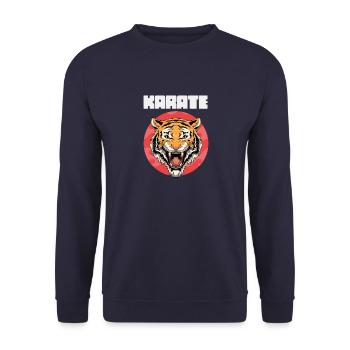 Lustiger Karate-Tigerkopf - Unisex Pullover - Navy - Vorne - Alina (178cm) & Michal (187cm)