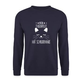 Mein Therapeut hat Schnurrhaare süßer Katzenspruch - Unisex Pullover - Navy - Vorne - Alina (178cm) & Michal (187cm)