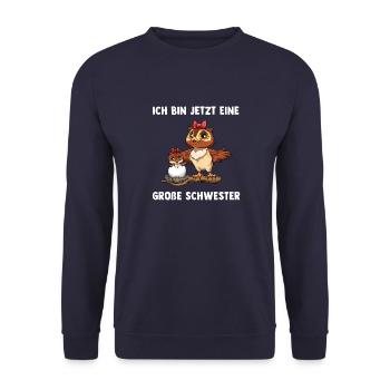 Eule Große Schwester Ich bin jetzt ein Große - Unisex Pullover - Navy - Vorne - Alina (178cm) & Michal (187cm)
