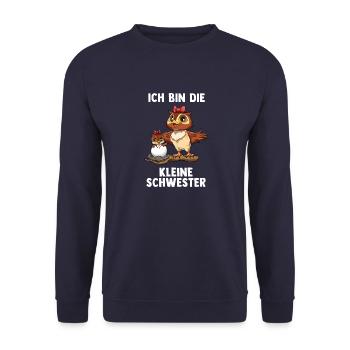 Eule kleine Schwester Ich bin die kleine Schwester - Unisex Pullover - Navy - Vorne - Alina (178cm) & Michal (187cm)
