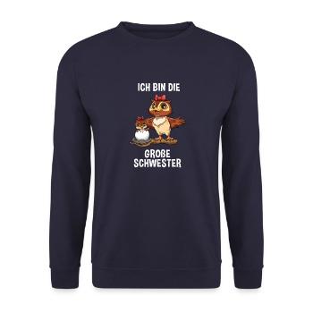 Eule Große Schwester - Ich bin der große Schwester - Unisex Pullover - Navy - Vorne - Alina (178cm) & Michal (187cm)