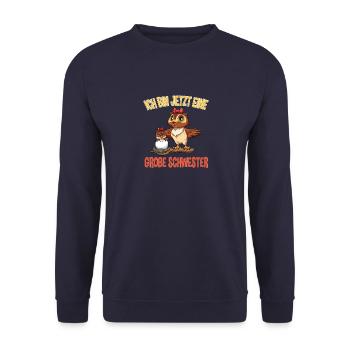 Ich bin jetzt eine große Schwester Eule - Unisex Pullover - Navy - Vorne - Alina (178cm) & Michal (187cm)