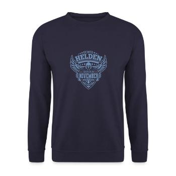Echte Helden werden im November geboren - Unisex Pullover - Navy - Vorne - Alina (178cm) & Michal (187cm)