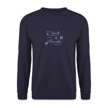 Liebevolle Hundedame ist im November geboren - Unisex Pullover - Navy - Vorne - Alina (178cm) & Michal (187cm)