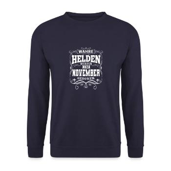 Wahre Helden werden im November geboren - Unisex Pullover - Navy - Vorne - Alina (178cm) & Michal (187cm)